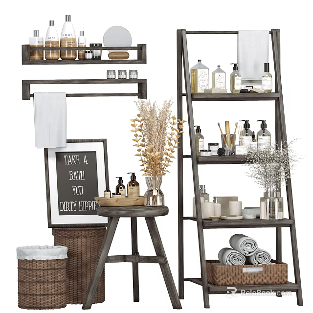Stylish Bathroom Accessories Storage With Shelves Towels Bottles And Decorative Plants 3d model 
