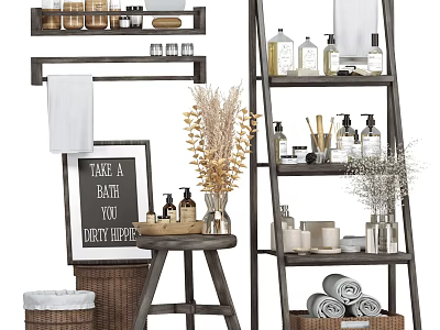 Stylish Bathroom Accessories Storage With Shelves Towels Bottles And Decorative Plants 3d model