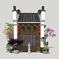 Traditional Chinese Ancient Architecture with Grey Brick Walls Curved Eaves Red Lanterns and Pink Flowering Tree