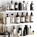 Modern Bathroom Accessories Arranged on Shelves With Glass Bottles and Decorative Plants