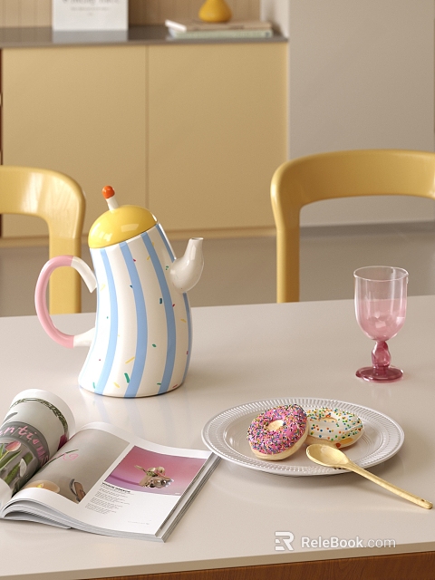 Colorful Striped Teapot With Yellow Top And Pink Glass Near Donuts On Table 3d model 