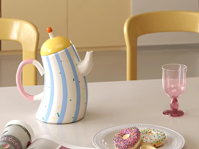 Colorful Striped Teapot With Yellow Top And Pink Glass Near Donuts On Table 3d model
