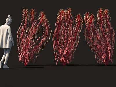 Red and Gold Foliage Plants Next to White Statue in Dark Background 3d model