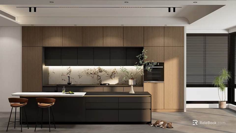 Modern Kitchen Interior With Wooden Cabinets Black Countertops Marble Backsplash And Potted Plant 3d model 