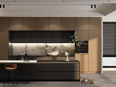 Modern Kitchen Interior With Wooden Cabinets Black Countertops Marble Backsplash And Potted Plant 3d model