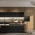 Modern Kitchen Interior With Wooden Cabinets Black Countertops Marble Backsplash And Potted Plant