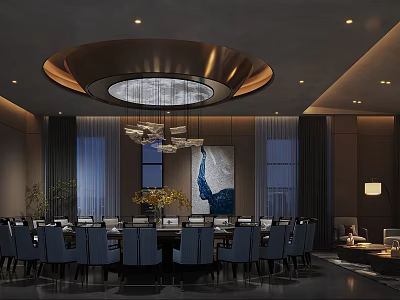 Luxurious Private Dining Room With Round Table Blue Chairs Chandelier And Decorative Artwork 3d model