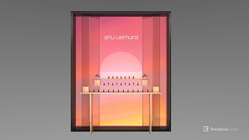 Shu Uemura Cosmetic Display Window With Gradient Sunset Background And Product Shelves 3d model 