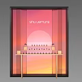 Shu Uemura Cosmetic Display Window With Gradient Sunset Background And Product Shelves