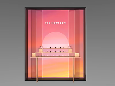 Shu Uemura Cosmetic Display Window With Gradient Sunset Background And Product Shelves 3d model