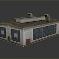 Cartoon Scene Industrial Building With Gray Walls Red Doors Large Windows Roof Vents and Reflection