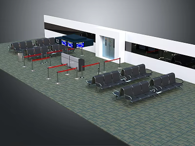 Public Seating In Airport Waiting Area With Security Check Red Barriers And Green Floor Tiles 3d model