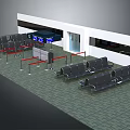 Public Seating In Airport Waiting Area With Security Check Red Barriers And Green Floor Tiles