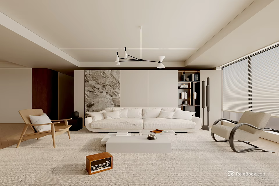 Minimalist Living Room with White Sofa Armchairs Coffee Table Hanging Chandelier Decorative Painting and Bookshelf 3d model 