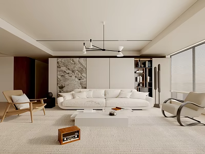 Minimalist Living Room with White Sofa Armchairs Coffee Table Hanging Chandelier Decorative Painting and Bookshelf 3d model