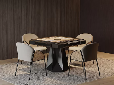 Modern Entertainment Table With Black Geometric Base And Four Light Colored Chairs On Rug 3d model