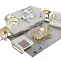 Light Gray Sofa and Wooden Coffee Table Set with Ottoman Side Tables and Throw Pillows 3d model
