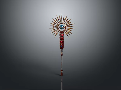 Mystical Staff Weapon Featuring Sunburst Design Central Eye Red Gold Accents and Intricate Carvings 3d model