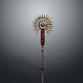 Mystical Staff Weapon Featuring Sunburst Design Central Eye Red Gold Accents and Intricate Carvings