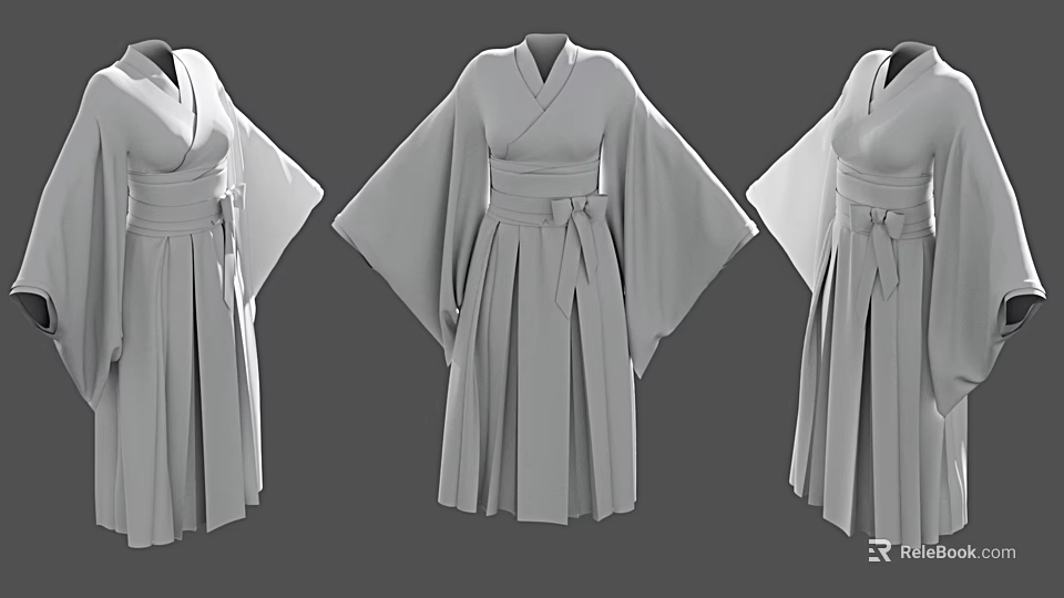 Gray Traditional Kimono With Wide Sleeves Pleated Skirt And Sash Displayed In Different Angles 3d model 