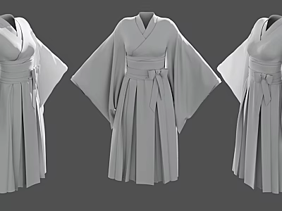 Gray Traditional Kimono With Wide Sleeves Pleated Skirt And Sash Displayed In Different Angles 3d model