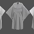 Gray Traditional Kimono With Wide Sleeves Pleated Skirt And Sash Displayed In Different Angles