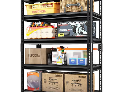 Multi tier Metal Shelf with Plastic Crates Woven Baskets and Cardboard Boxes for Organizing Supplies 3d model