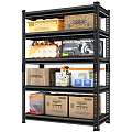 Multi tier Metal Shelf with Plastic Crates Woven Baskets and Cardboard Boxes for Organizing Supplies