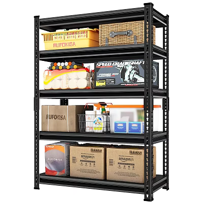 Multi tier Metal Shelf with Plastic Crates Woven Baskets and Cardboard Boxes for Organizing Supplies 3d model