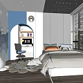 Tatami Bedroom Interior With Starry Ceiling Gray Walls Cartoon Decorations Desk And Chair
