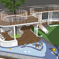 Spiral Pergola Structure In Children's Play Area With Slide Water Feature And Lawn