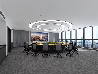 Modern Conference Room With Round Meeting Table Black Chairs And City View Through Large Windows 3d model