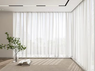 White Sheer Curtains In Bright Indoor Space With Natural Light And Green Plant 3d model