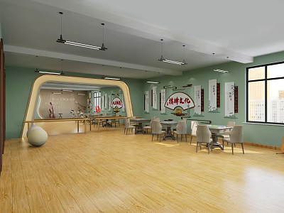 Kindergarten Interior with Green Walls Wooden Floors Curved Desk Tables Chairs and Decorative Paintings 3d model