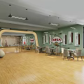 Kindergarten Interior with Green Walls Wooden Floors Curved Desk Tables Chairs and Decorative Paintings