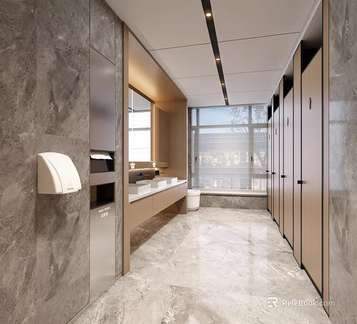 Modern Public Restroom Interior Design With Marble Walls Washbasins And Private Stalls 3d model 
