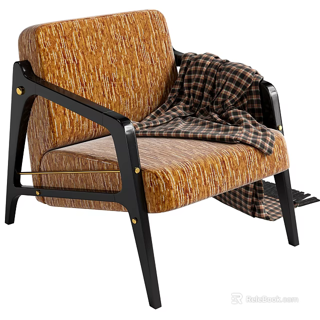 Accent Lounge Chair with Textured Orange Fabric Black Armrests and Legs Topped with Plaid Blanket 3d model 
