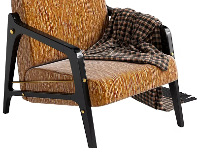 Accent Lounge Chair with Textured Orange Fabric Black Armrests and Legs Topped with Plaid Blanket 3d model