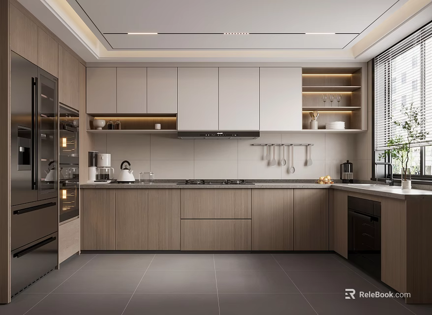 Modern Open Concept Kitchen Interior With Island Counter Cabinets And Appliances 3d model 