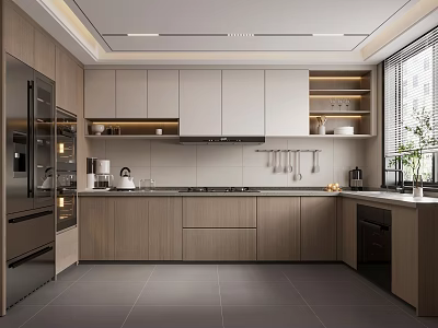 Modern Open Concept Kitchen Interior With Island Counter Cabinets And Appliances 3d model