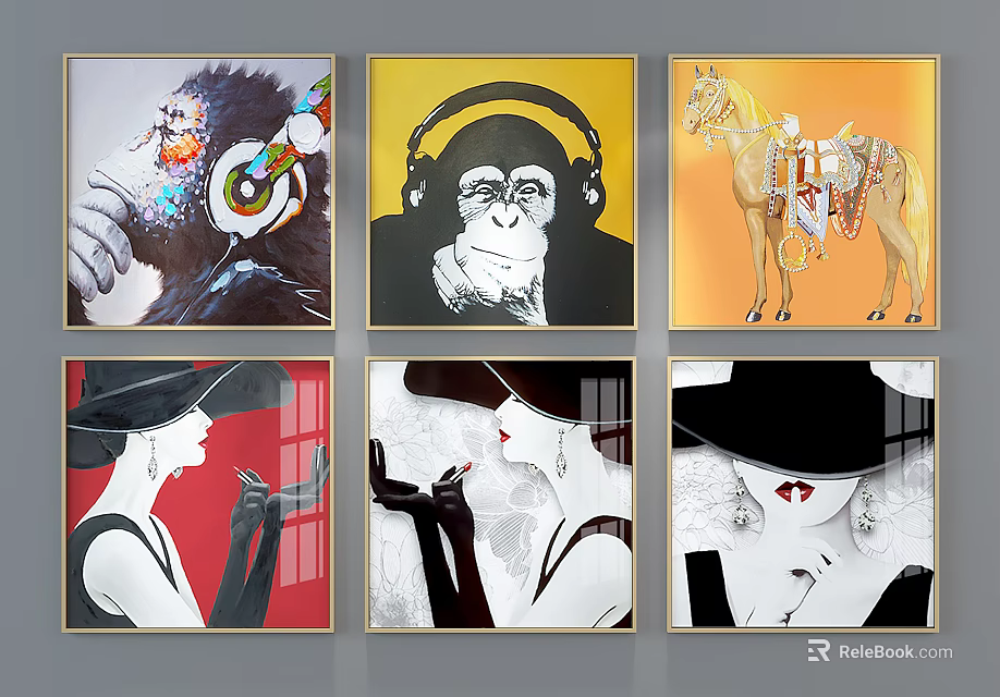 Modern Animal Paintings Featuring Gorillas With Headphones And Decorative Horse Artwork 3d model 