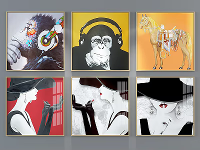 Modern Animal Paintings Featuring Gorillas With Headphones And Decorative Horse Artwork 3d model