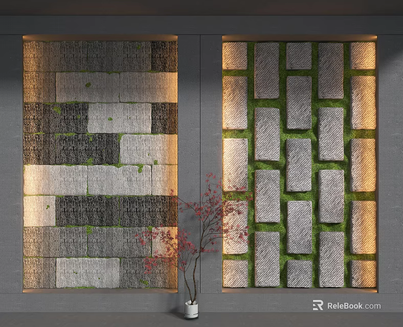 Decorative Stone Wall With Gray White Bricks Green Moss And Red Flower Plant 3d model 