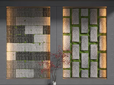 Decorative Stone Wall With Gray White Bricks Green Moss And Red Flower Plant 3d model