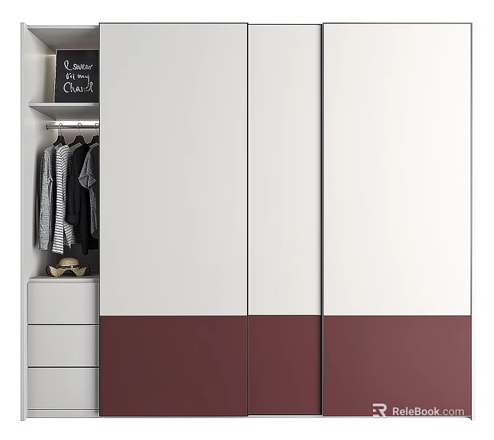 Modern Wardrobe Storage Design With White Burgundy Panels Hanging Rod And Drawers 3d model 
