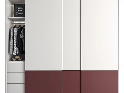 Modern Wardrobe Storage Design With White Burgundy Panels Hanging Rod And Drawers 3d model