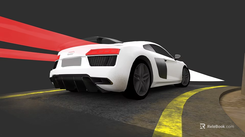 White Audi Sports Car Driving On Road With Yellow Lines And Dynamic Background 3d model 