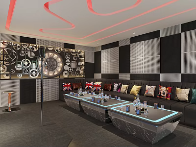 Modern KTV Lounge Interior With Red Neon Ceiling Black White Geometric Walls And LED Glass Tables 3d model