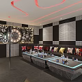 Modern KTV Lounge Interior With Red Neon Ceiling Black White Geometric Walls And LED Glass Tables