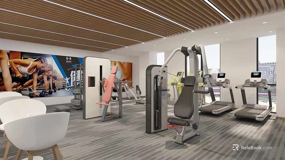 Modern Gym Interior With Various Fitness Equipment Workout Machines And Exercise Posters 3d model 